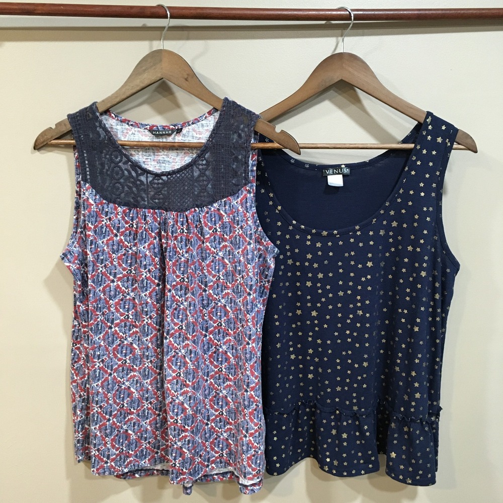 Casual Tank Top Bundle Womens L Geometric Star Print Lace Trim Blue Red Lot of 2